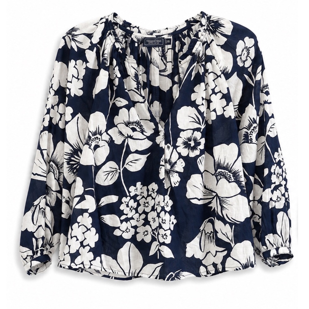 Vineyard Vines Navy White Floral Peasant Top Coastal Boho Blouse XS